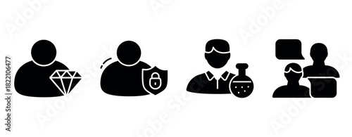 Business and security icons: diamond, shield, science, communication