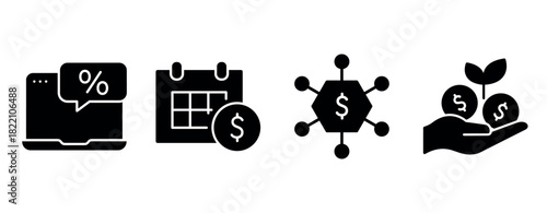 Financial growth icons: percentage, calendar, network, investment