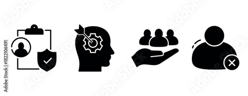 Profile and privacy management icons with user security and focused mindset