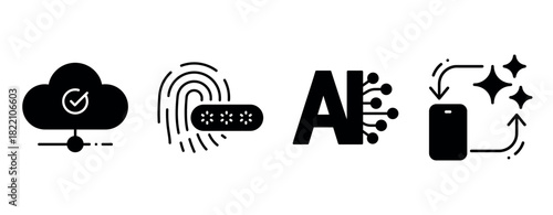 Cloud computing, fingerprint security, artificial intelligence, mobile innovation icons