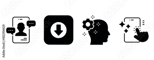 Icons of mobile communication, download, creativity, and interaction