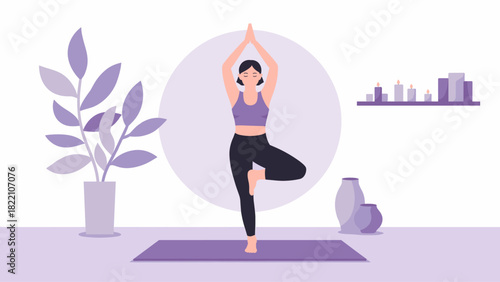 woman practicing yoga in tree pose at home, vector illustration for mindfulness, wellness and healthy lifestyle