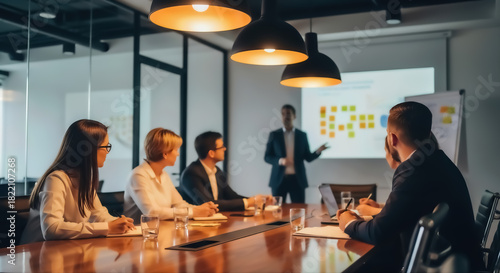 Professional business meeting in a modern office, with colleagues collaborating and a presenter discussing strategic plans and data on a screen, promoting teamwork