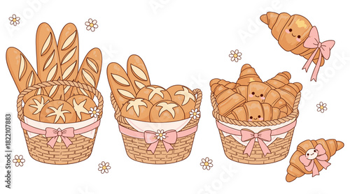 Cute bakery illustration set featuring bread baskets, croissants, baguettes, and decorative floral elements for sweet food design projects