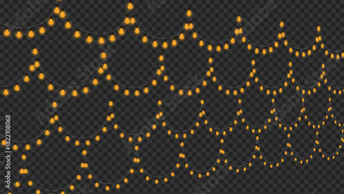 Bright yellow string lights creating a festive border on a transparent background
