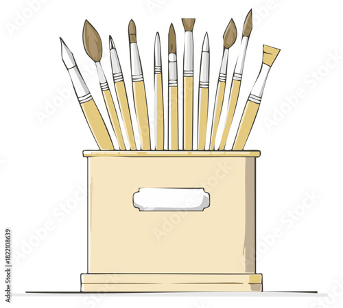 Artistic Paintbrushes in a Box Illustration, Creativity Supplies for Painting, Sketching and Drawing