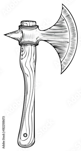 Classic hand drawn battle axe illustration with intricate details and textured wooden handle