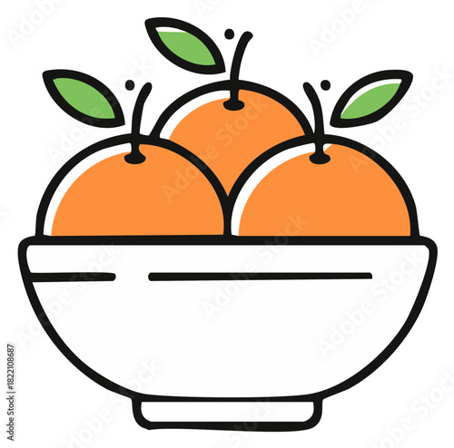 Bowl with Three Oranges Fruits Line Art Illustration with Leaves and Stems