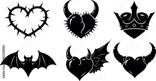 Set of six gothic black hearts with thorns wings crown and bat vector illustration