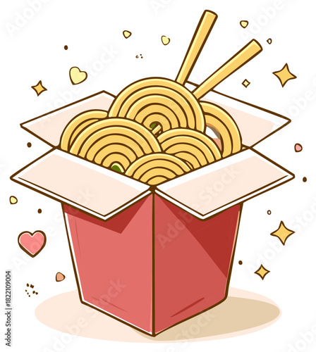 Cute cartoon noodles in a red takeout box with chopsticks and sparkles
