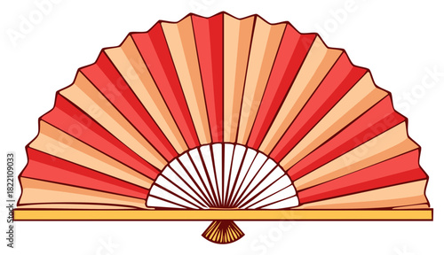 Vibrant traditional hand fan illustration featuring red orange and peach striped design