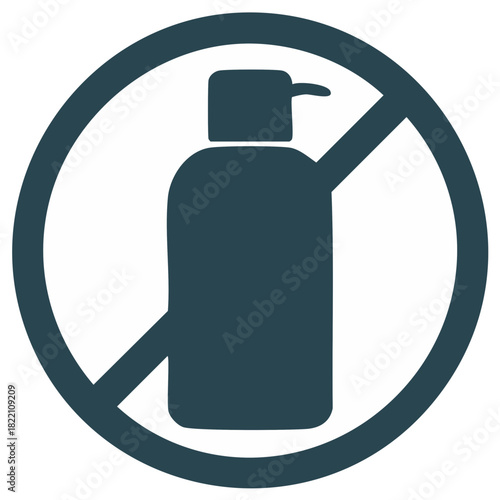 Prohibition sign of a pump bottle, indicating no liquid soap or hand sanitizer allowed. Vector icon.