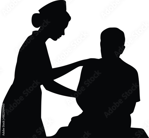 Black silhouette of a dedicated nurse providing compassionate assistance and care to a patient in a medical setting symbolizing healthcare support and professionalism