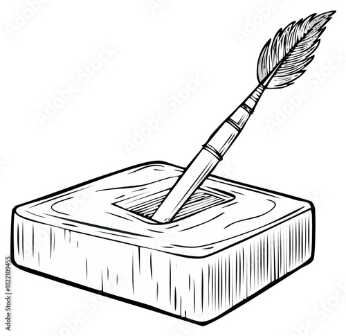 Hand-drawn feather quill pen in a ballot box, representing voting, democracy, and decision-making.