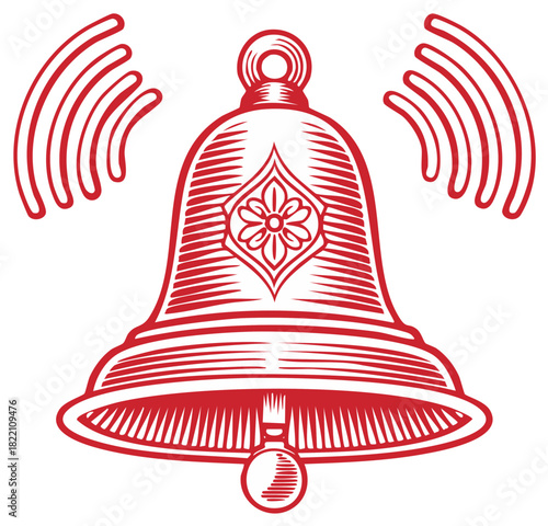 Illustration of a Red Bell Ringing with Sound Waves emanating outward and decorative lines
