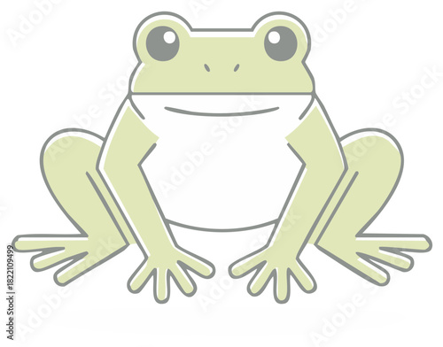Cartoon illustration of a green frog with grey outlines and detailed eyes, flat design