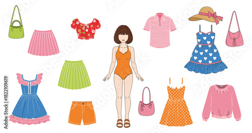 Cute kids clothing vector set with dresses, jackets, shoes, winter and summer outfits, accessories illustrations.ai