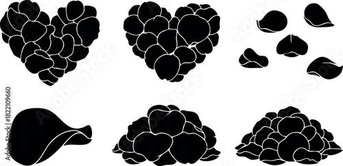 Black silhouette heart shapes made of coffee beans with scattered beans and coffee bean piles vector illustration