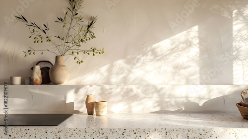 minimal mediterranean kitchen countertop with terrazzo surface, ceramic vases, olive branches, soft morning sunlight, clean natural styling, editorial interior photography