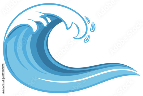 Stylized blue ocean wave with splashing water drops vector illustration