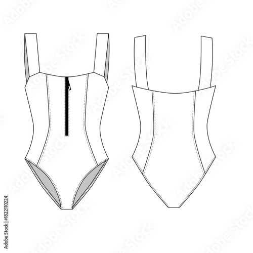 Vector illustration of a sports swimsuit with a zipper, front and back views. Blank template for a women's swimsuit. Sketch of fashionable, stylish clothing for swimming and diving.
