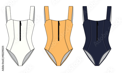 A set of vector illustrations of athletic swimsuits with zippers in white, yellow, and black. An empty template for a women's swimsuit. A sketch of clothing for swimming and diving.