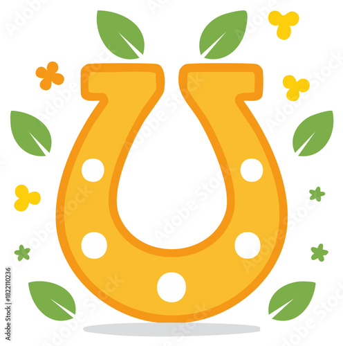 Golden horseshoe luck symbol with green leaves and flowers. Flat vector illustration for good fortune and success.