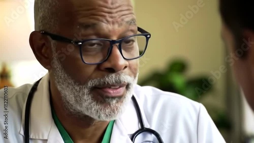 Mature african american male doctor in a white coat and stethoscope, wearing glasses, engaged in a focused medical consultation, providing advice and care