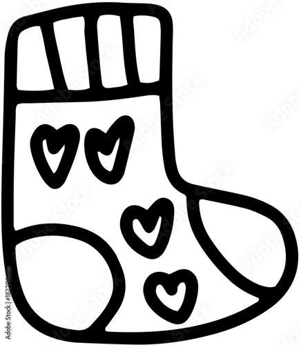 Illustration vectorielle ludique et linéaire d'une chaussette de Noël vide ou remplie, prête à être accrochée. Le design simple et joyeux est parfait pour les cartes de vœux, les étiquettes cadeaux 