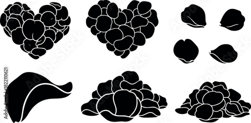 Black silhouette illustration of pistachio nut and kernels in various arrangements and shapes vector