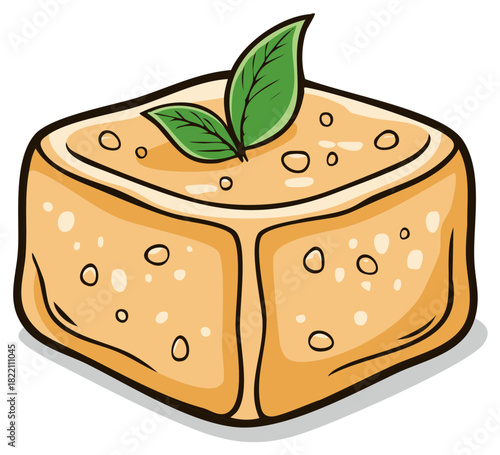 Cartoon cube-shaped dessert with green leaves decoration, isolated
