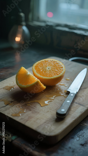 sliced orange with knife for making orange juice on white plastic board