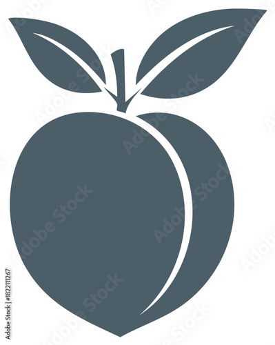 Peach Icon Design Illustration, Single Grey Peach Shape, Fruit with Leaves, Simple Style