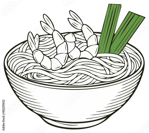 A bowl of noodles topped with shrimp and green onions in a simple line drawing illustration.