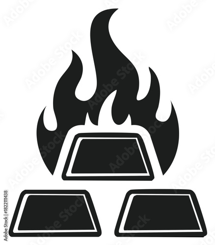 Gold Ingots in Fire Flames Black Vector Illustration Gold Bricks Icons