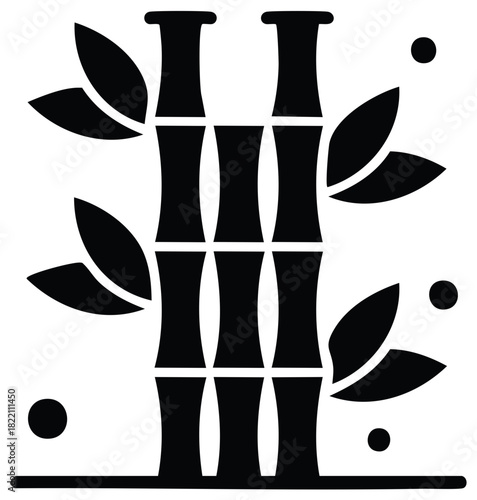 Stylized bamboo plant with leaves in flat design, traditional symbol of good luck and wellbeing, monochrome