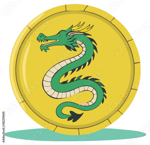 Green Dragon on Gold Coin Illustration