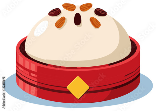 Illustration of steamed cake topped with nuts in a red bamboo basket for snack icon