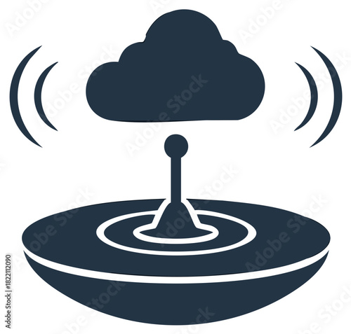 Abstract icon of cloud data synchronization with an antenna broadcasting a signal creating network waves