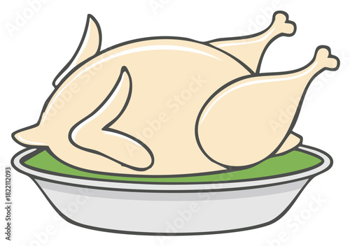 Whole Raw Chicken Prepared for Cooking on Green Bed in Dish