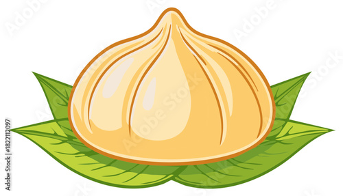 Illustration of a single uncooked Bao bun with green leaves below