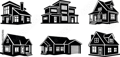 Black silhouette modern and classic house vector icons set simple architectural home designs collection residential buildings exterior