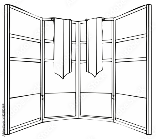 Black and white folding screen illustration with curved lines