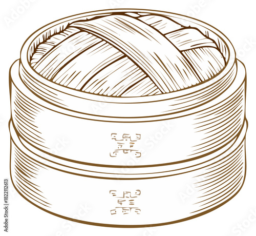 Hand-drawn vintage illustration of a traditional bamboo steamer basket with zongzi