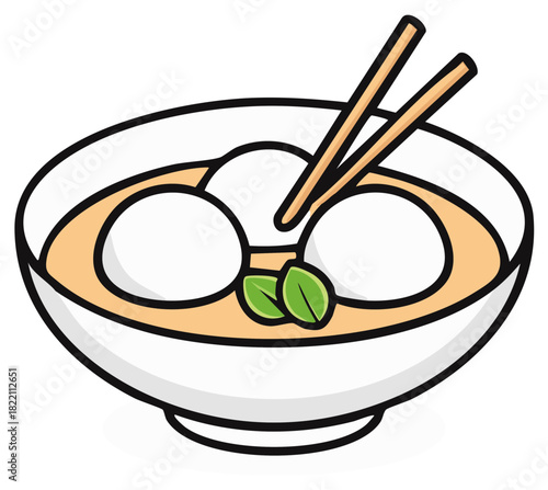 Stylized illustration of a warm comforting Asian meal featuring white mochi or dumplings in a broth with chopsticks