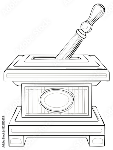 Detailed line art of a vintage box with a pestle protruding from the lid