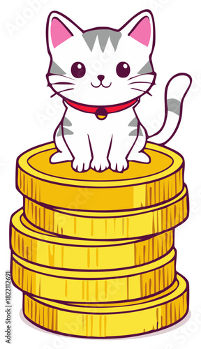 Adorable cartoon kitten with a red collar sitting on a stack of gold money coins