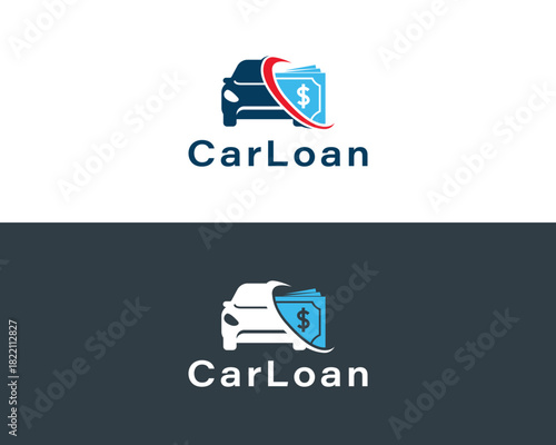 Blue car silhouette with dollar bill and red swoosh text Car Loan finance money