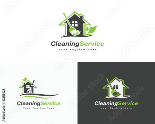 Green house cleaning service logo with broom and leaves home