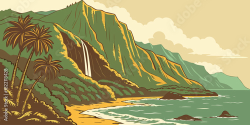 Kauai Nā Pali Coast Cliffs Retro Vector – Vintage Hawaii Landmark Illustration for Travel, Nature, and Lifestyle Graphics